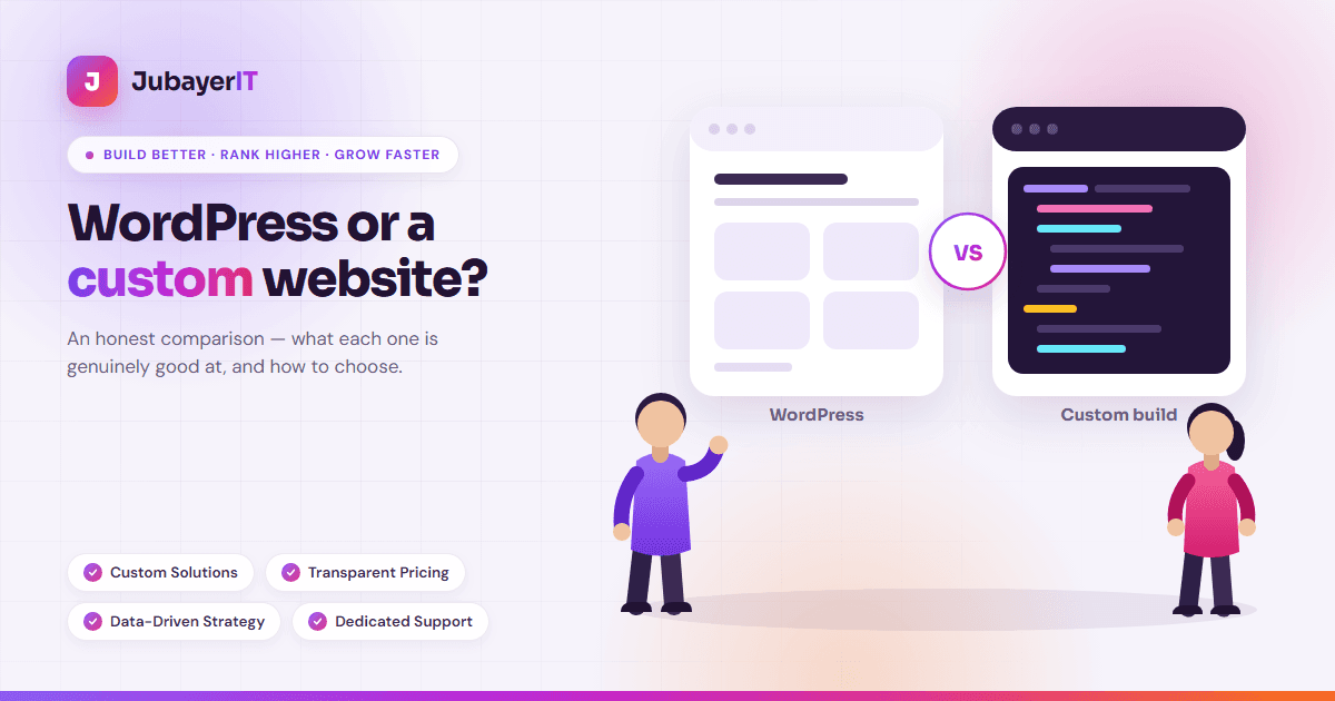 JubayerIT article cover: a WordPress-style page builder next to a custom-coded build, side by side